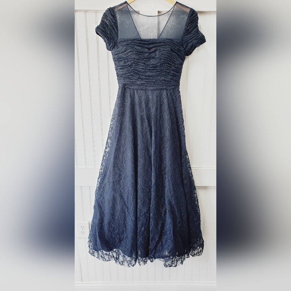 Park108 NWT Navy Blue Illusion Ruched Embroidered Fit & Flare Midi Dress #M437